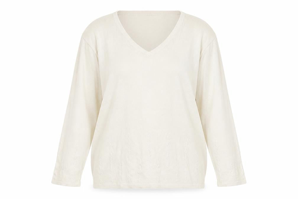 Preworn Womens White V-Neck Ramie Pullover Jumper Size M - Flower