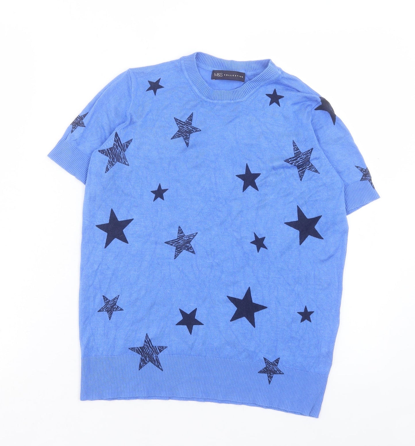 Marks and Spencer Womens Blue Geometric Viscose Basic T-Shirt Size 8 Crew Neck