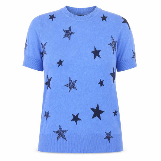 Marks and Spencer Womens Blue Geometric Viscose Basic T-Shirt Size 8 Crew Neck