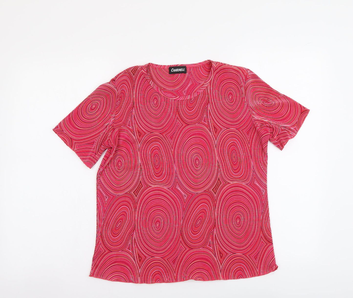 Charmell Womens Pink Geometric Polyester Basic T-Shirt Size M Round Neck