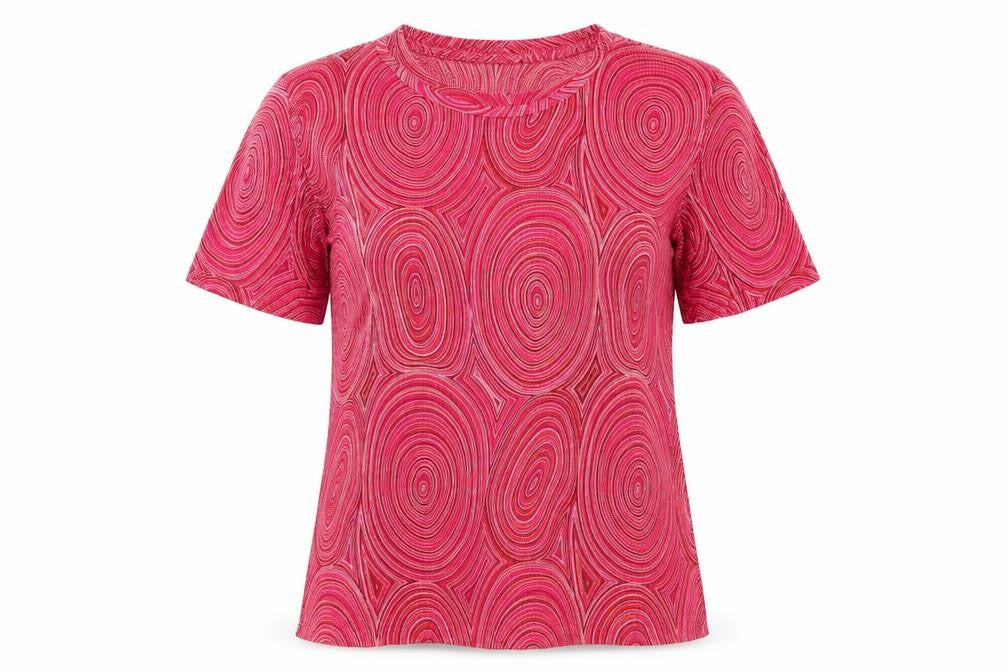 Charmell Womens Pink Geometric Polyester Basic T-Shirt Size M Round Neck