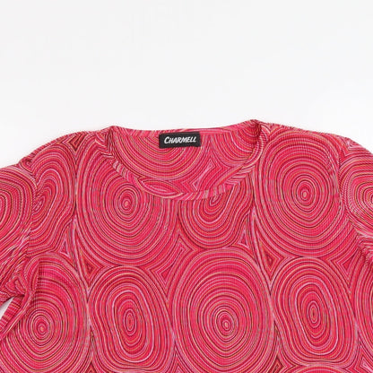 Charmell Womens Pink Geometric Polyester Basic T-Shirt Size M Round Neck