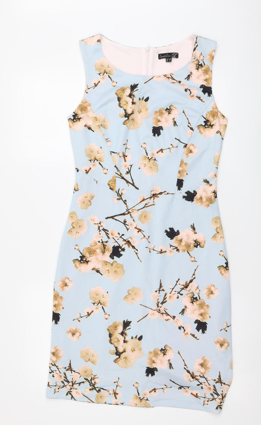 Smashed Lemon Womens Blue Floral Polyester A-Line Size S Round Neck Zip