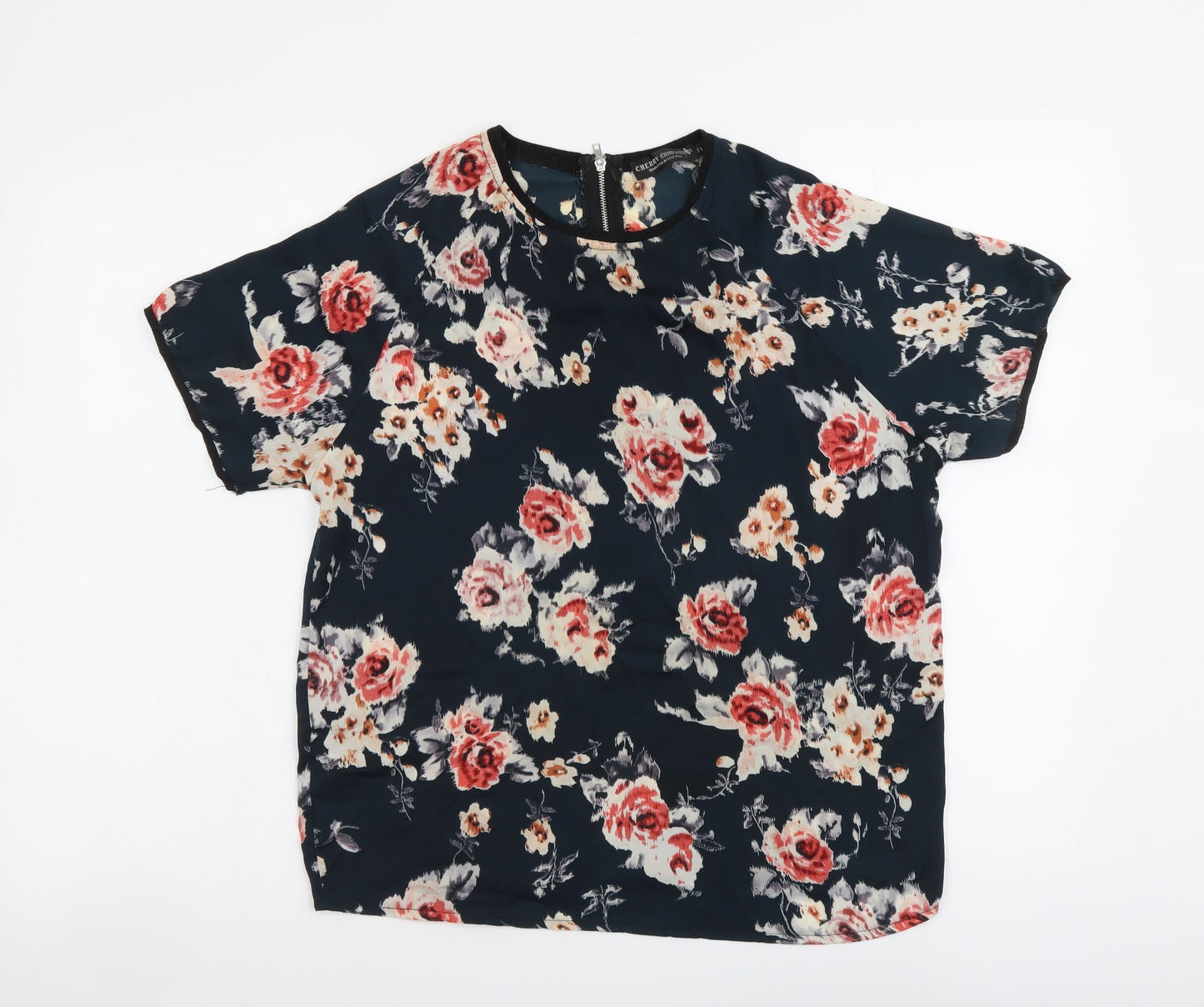 Cherry Couture Womens Blue Floral Polyester Basic Blouse Size S Round Neck