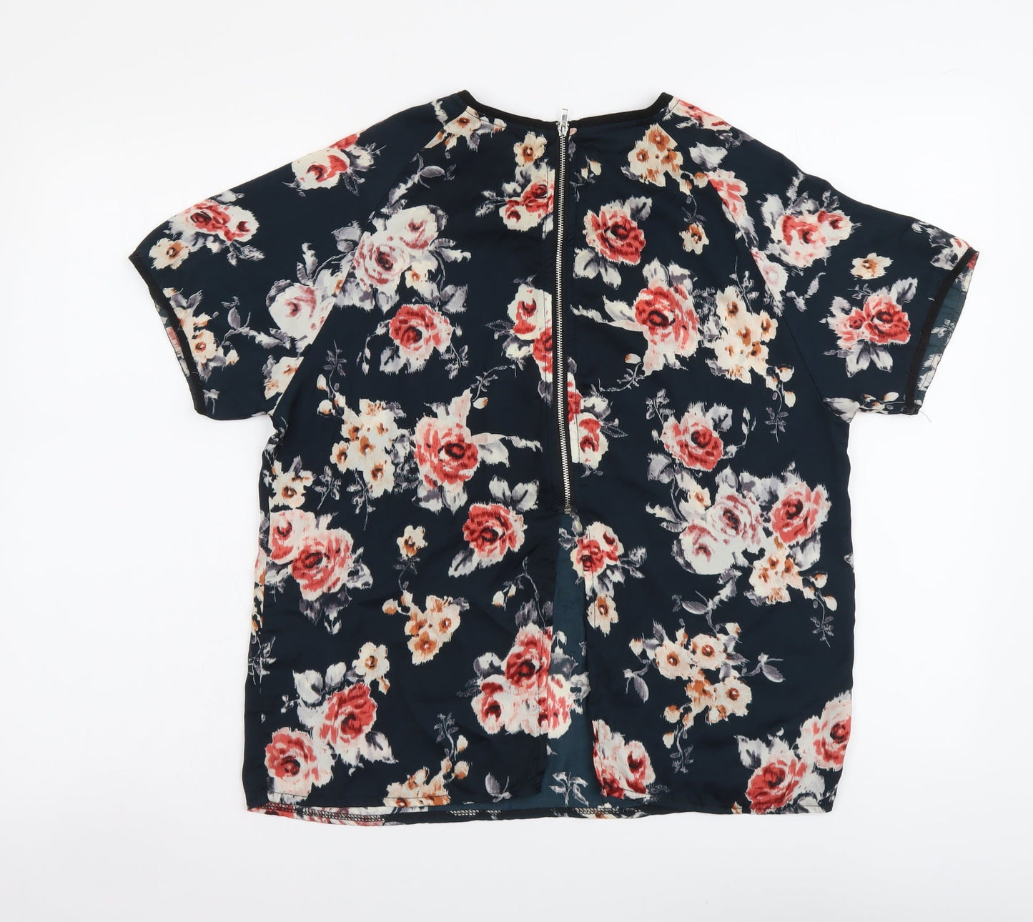 Cherry Couture Womens Blue Floral Polyester Basic Blouse Size S Round Neck