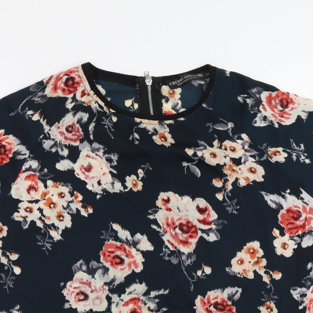 Cherry Couture Womens Blue Floral Polyester Basic Blouse Size S Round Neck