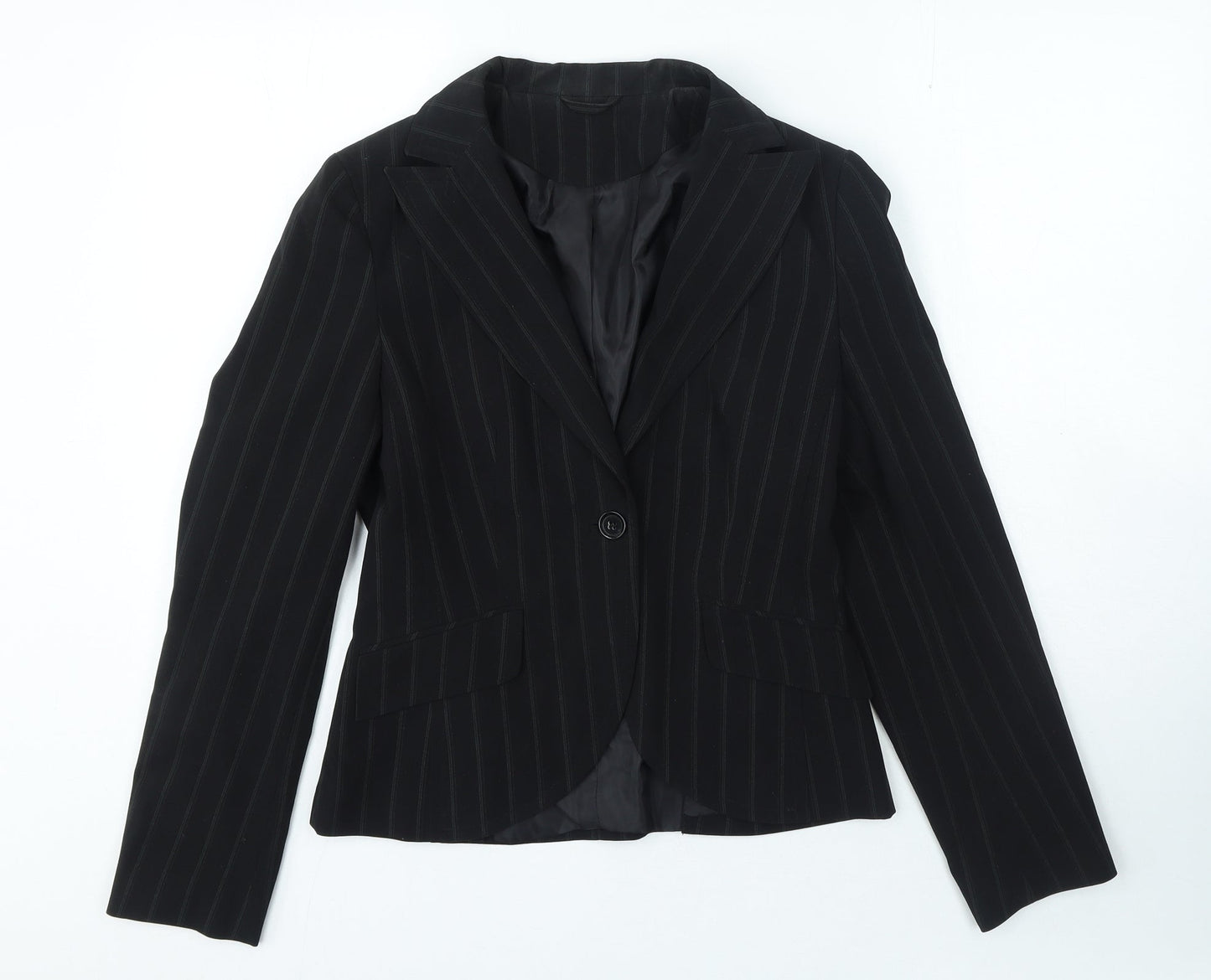 Internacionale Womens Black Pinstripe Polyester Jacket Blazer Size 10
