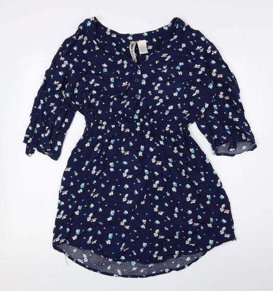 Mimi Chica Womens Blue Floral Polyester Basic Blouse Size M V-Neck