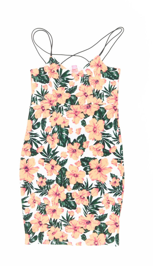 Blue Ink Womens Orange Floral Polyester Tank Dress Size 8 V-Neck Pullover