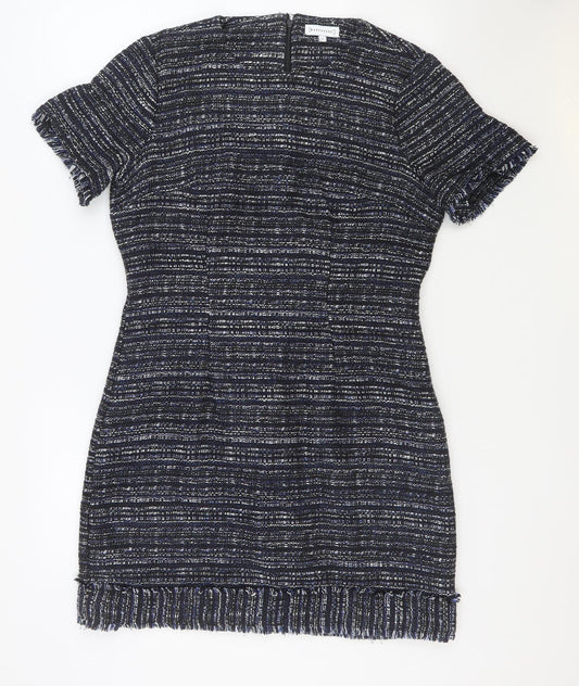 Warehouse Womens Blue Geometric Acrylic Bodycon Size 12 Round Neck Zip