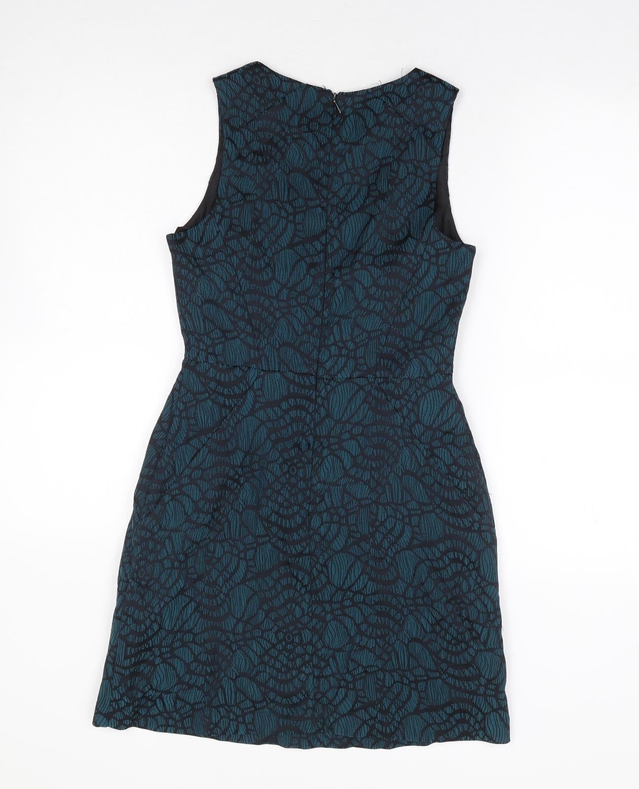 New Look Womens Green Geometric Polyester A-Line Size 8 Round Neck Zip