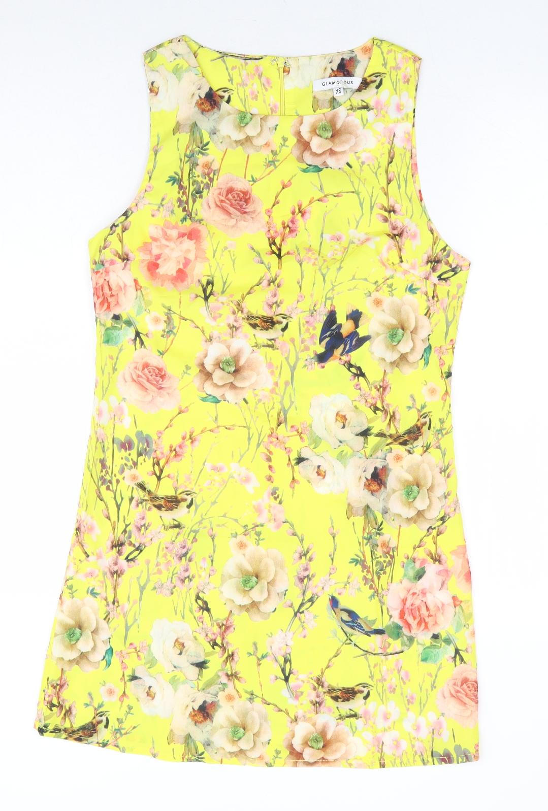 Glamorous Womens Yellow Floral Polyester Shift Size XS Round Neck Zip