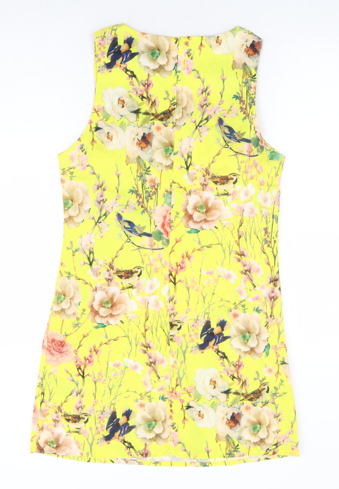 Glamorous Womens Yellow Floral Polyester Shift Size XS Round Neck Zip