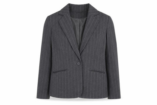Basix Womens Grey Striped Polyester Jacket Blazer Size 12