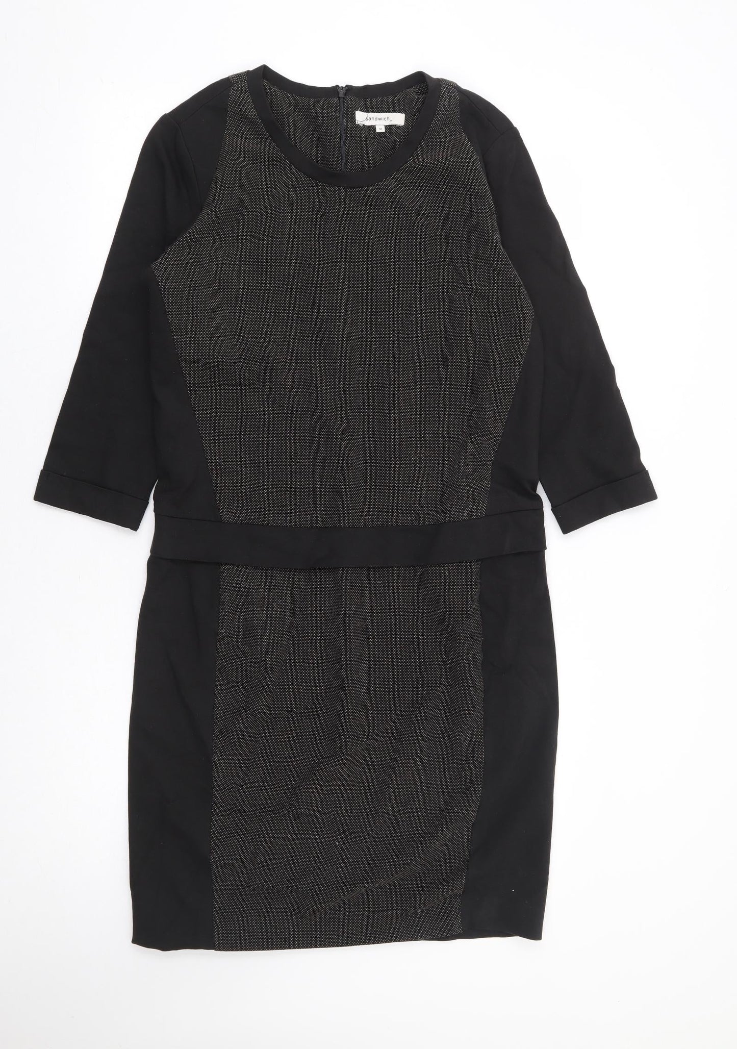 Sandwich Womens Black Geometric Viscose Pencil Dress Size 10 Round Neck Zip