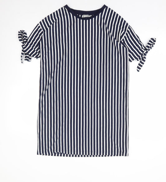 ASOS Womens Blue Striped Polyester T-Shirt Dress Size 6 Round Neck Pullover - Tie Sleeve Detail