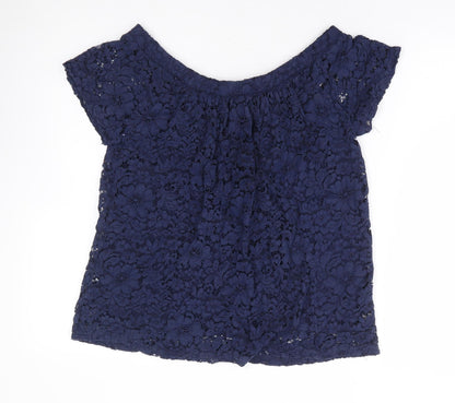 Peacocks Womens Blue Floral Nylon Basic Blouse Size 12 Boat Neck