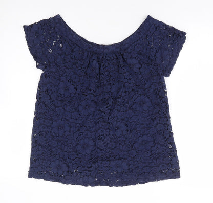 Peacocks Womens Blue Floral Nylon Basic Blouse Size 12 Boat Neck