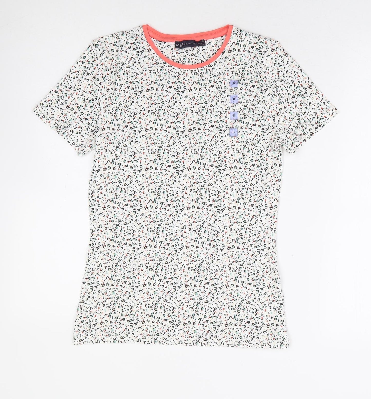 Marks and Spencer Womens White Animal Print Cotton Basic T-Shirt Size 8 Round Neck - Multicoloured Leopard Print