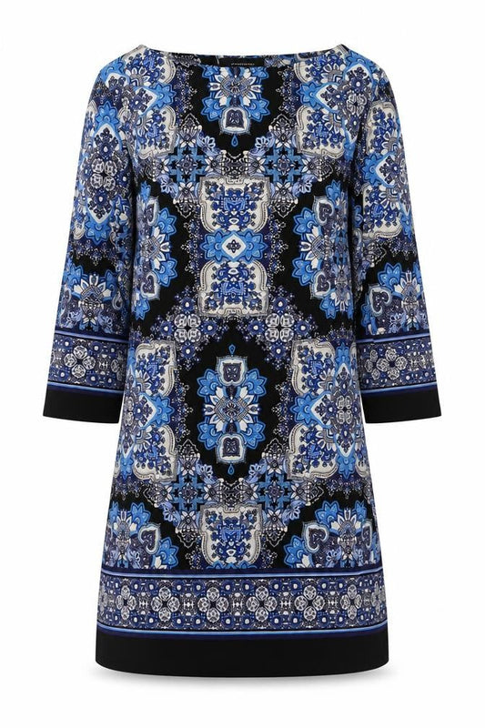 Atmosphere Womens Blue Geometric Polyester Mini Size 8 Boat Neck Pullover