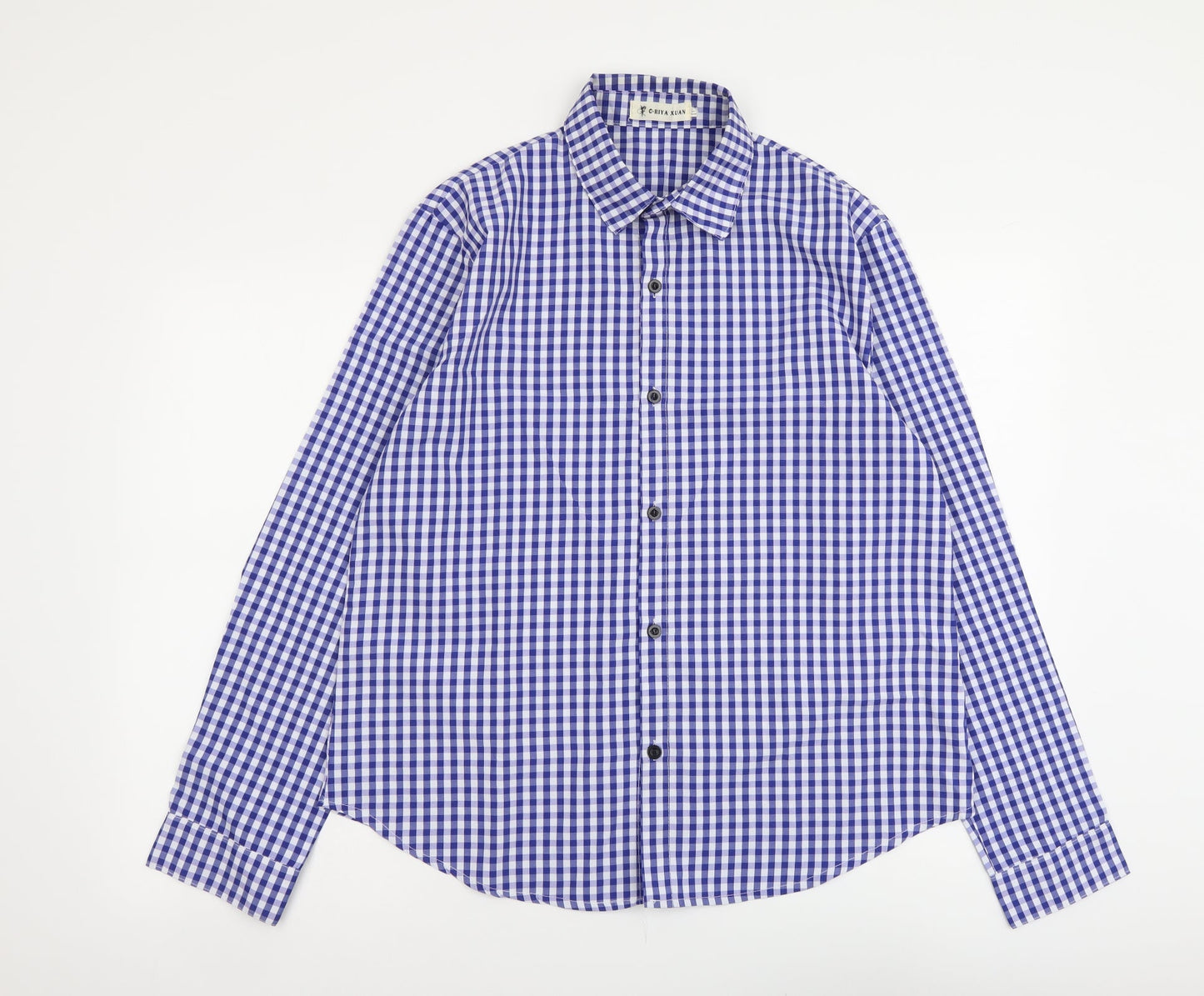 O-Riya Xuan Mens Blue Check Polyester Button-Up Size XL Collared Button