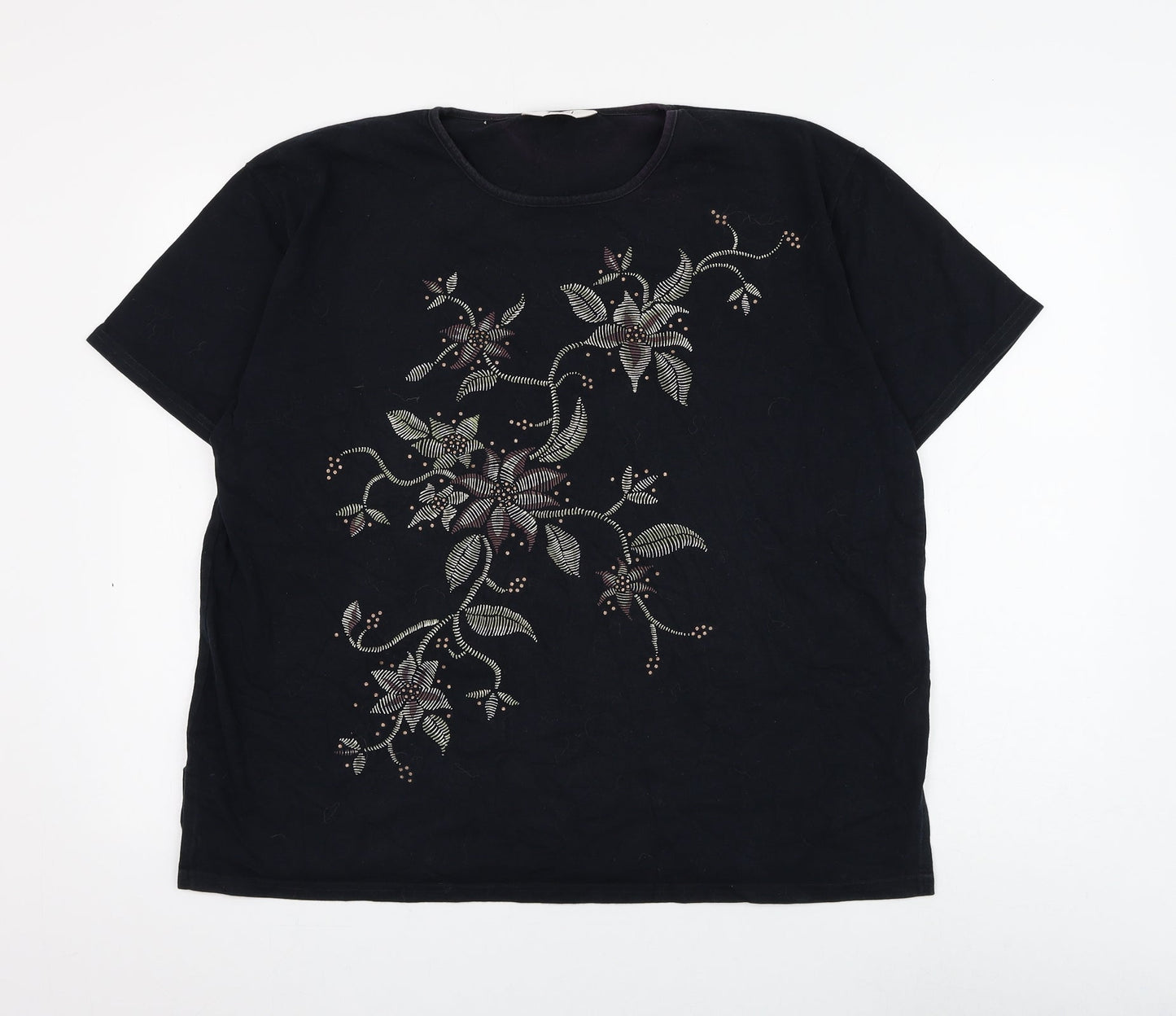 ELVI Womens Black Floral Cotton Basic T-Shirt Size S Round Neck