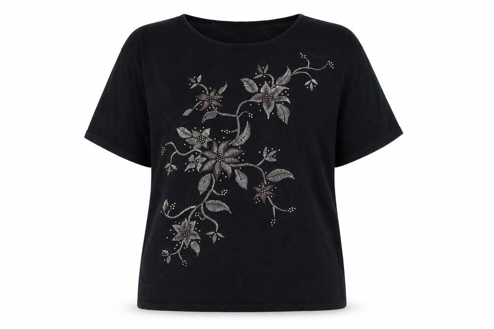 ELVI Womens Black Floral Cotton Basic T-Shirt Size S Round Neck