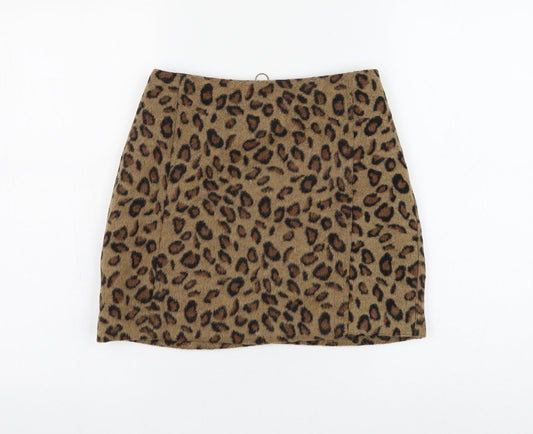 Topshop Womens Brown Animal Print Polyester Mini Skirt Size 8 Zip