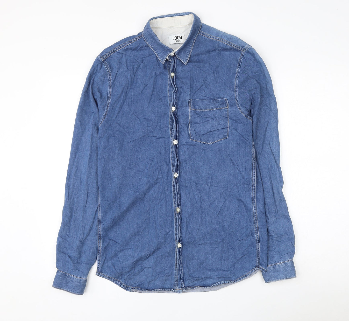 Loom Denim Mens Blue Cotton Button-Up Size S Collared Button