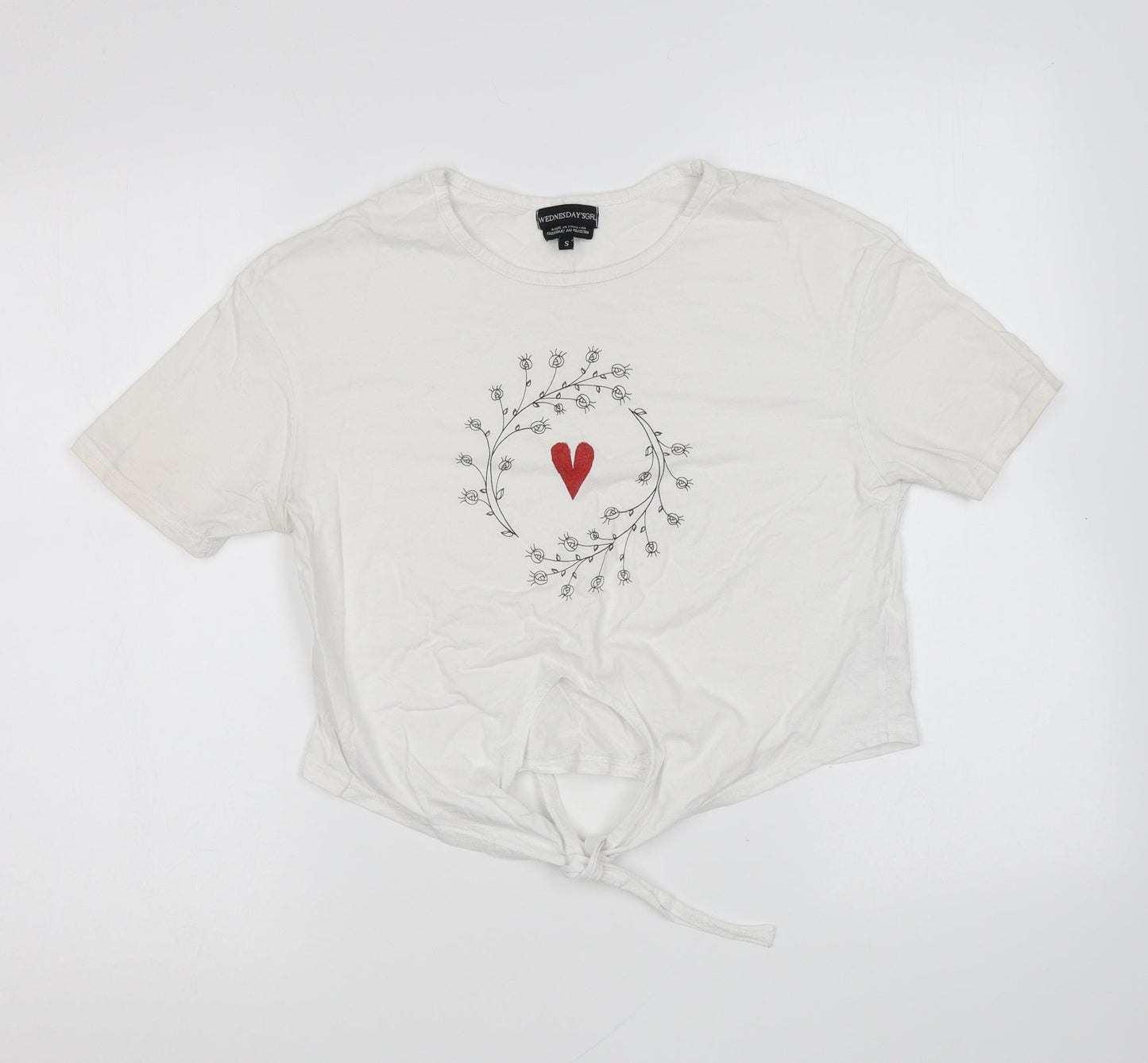 Wednesday's Girl Womens White Cotton Basic T-Shirt Size S Round Neck