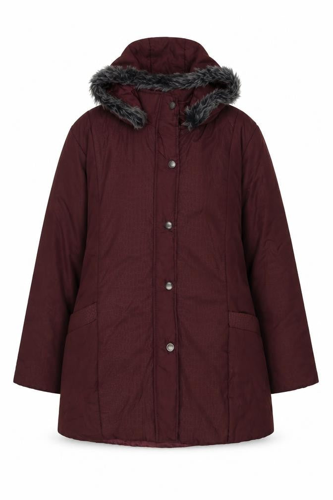 Anne De Lancay Womens Red Animal Print Parka Coat Size L Snap - Giraffe print. Faux fur.