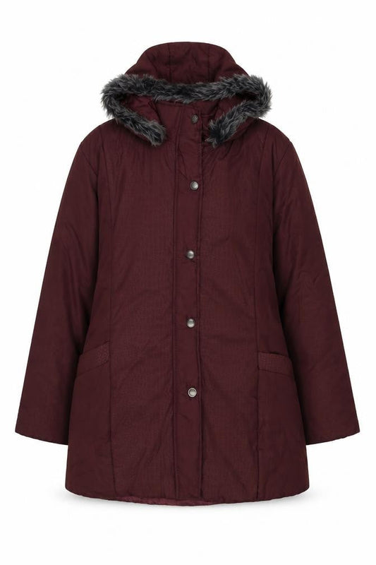 Anne De Lancay Womens Red Animal Print Parka Coat Size L Snap - Giraffe print. Faux fur.