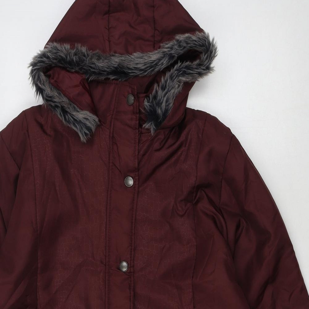 Anne De Lancay Womens Red Animal Print Parka Coat Size L Snap - Giraffe print. Faux fur.