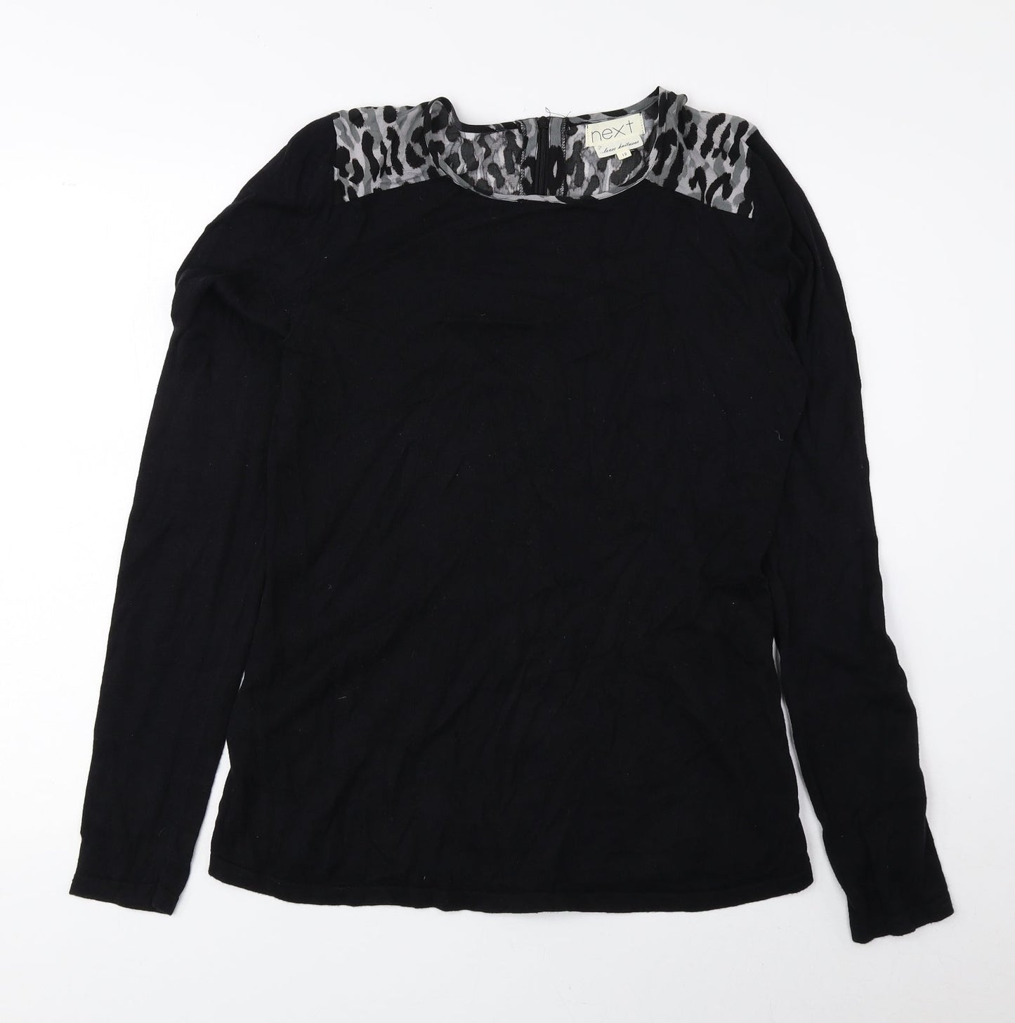 NEXT Womens Black Animal Print Cotton Basic Blouse Size 10 Round Neck - Cheetah Print