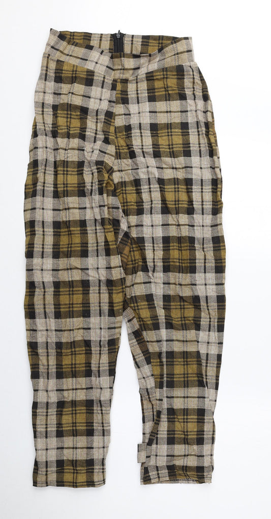 PRETTYLITTLETHING Womens Yellow Plaid Linen Trousers Size 10 L27 in Regular Zip