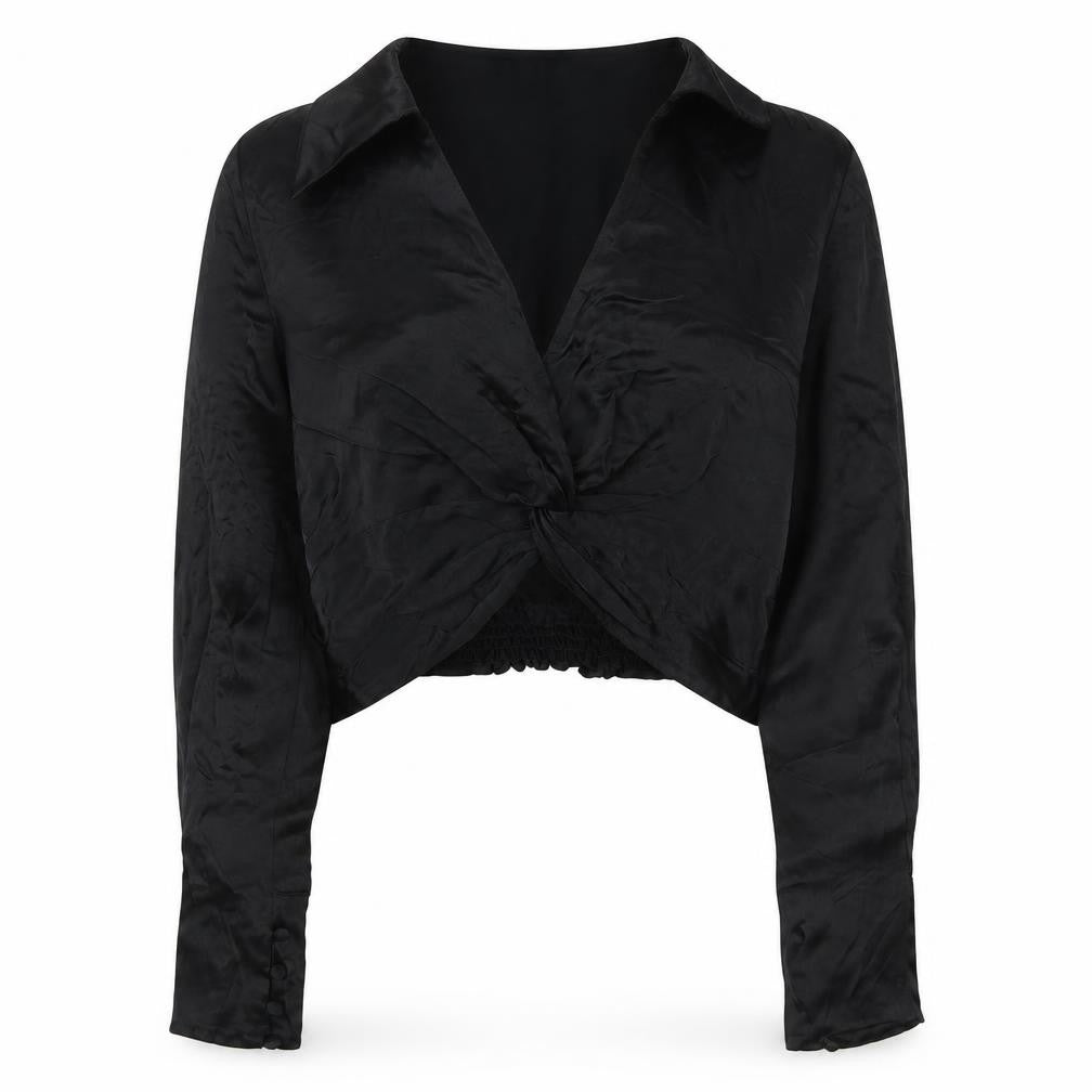 Zara Womens Black Polyester Basic Blouse Size M V-Neck - Knot detail