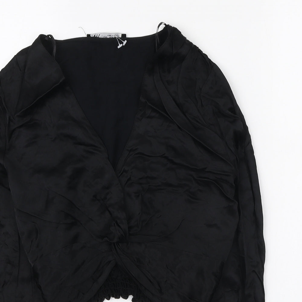 Zara Womens Black Polyester Basic Blouse Size M V-Neck - Knot detail