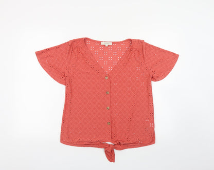 Oasis Womens Orange Geometric Polyester Basic Button-Up Size XS V-Neck - Tie Front