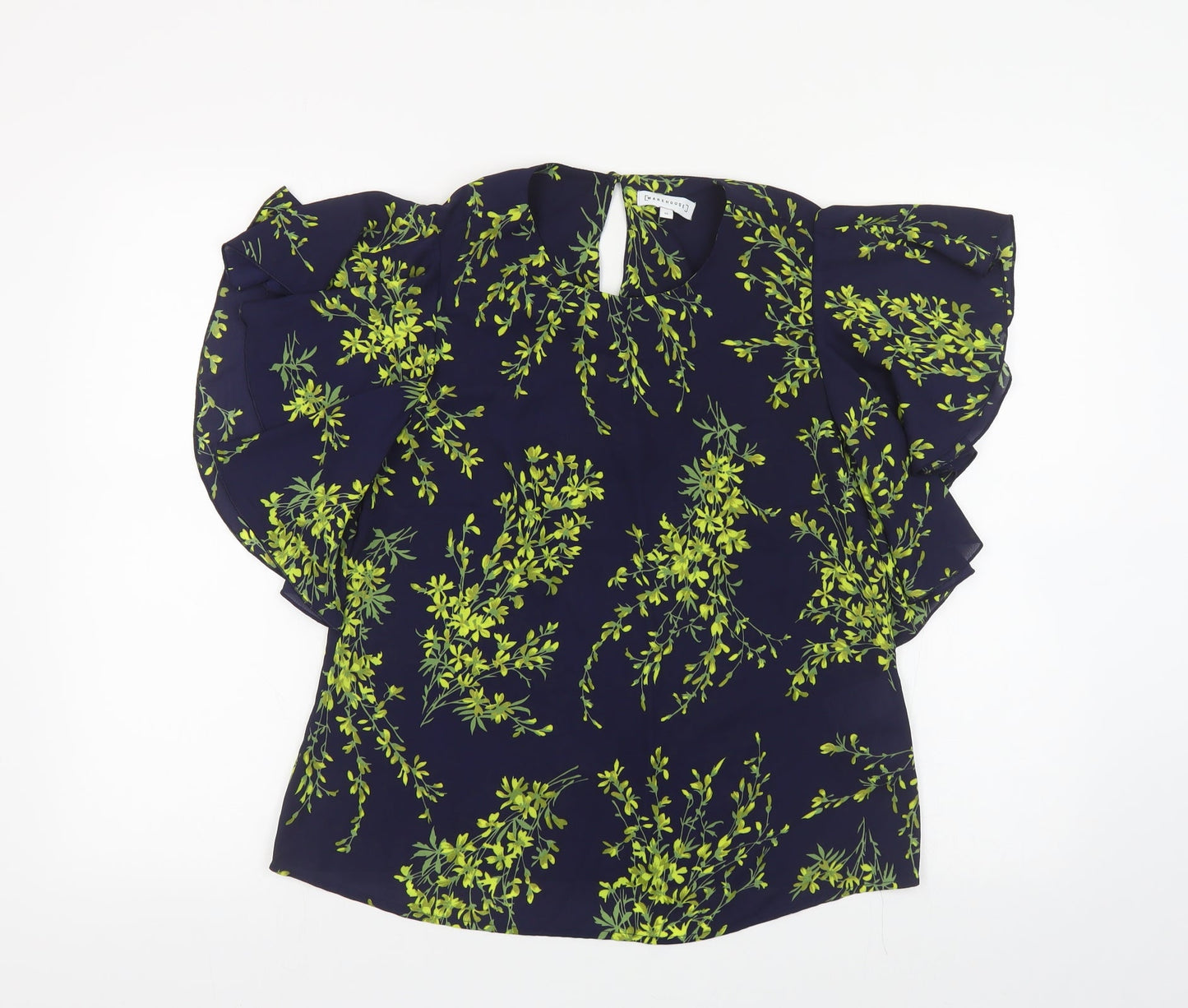 Warehouse Womens Blue Floral Polyester Basic Blouse Size 10 Round Neck