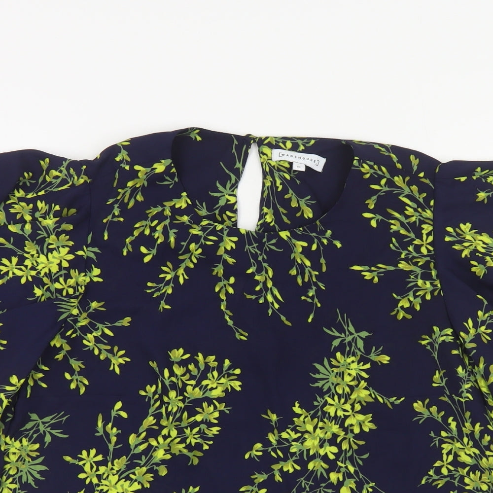 Warehouse Womens Blue Floral Polyester Basic Blouse Size 10 Round Neck