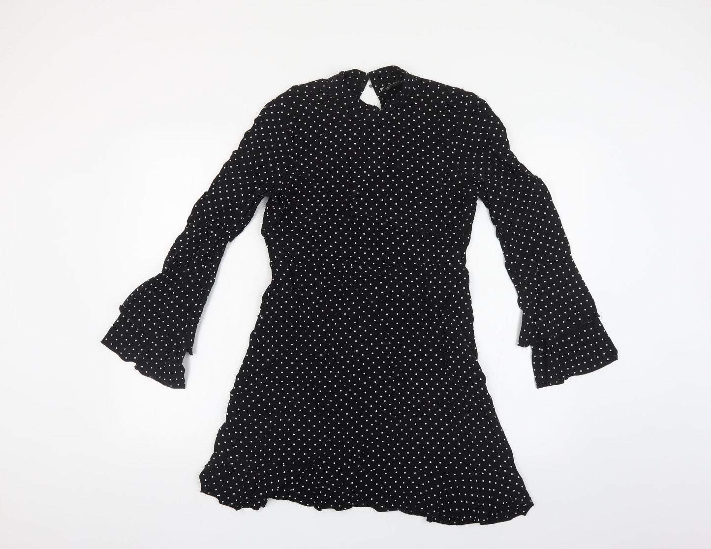 Zara Womens Black Polka Dot Viscose Fit & Flare Size S Mock Neck Zip