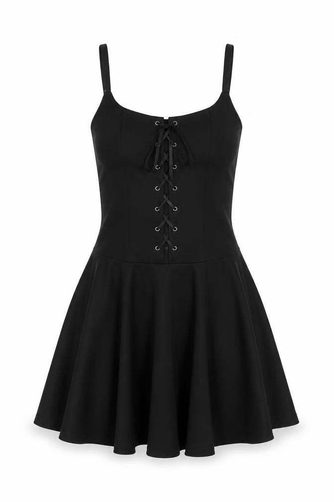 Pretty Guide Womens Black Polyester Skater Dress Size S Square Neck Lace Up