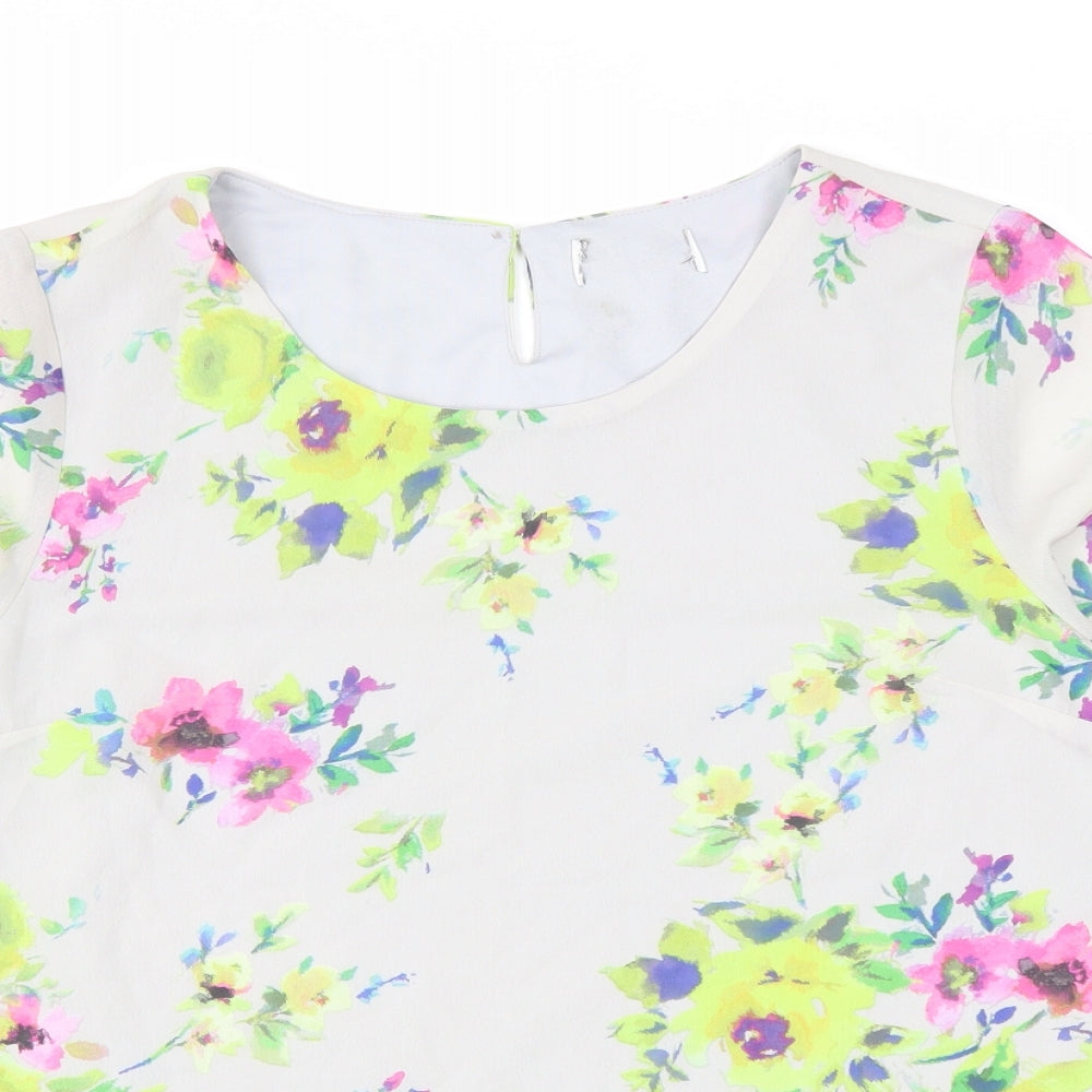 Preworn Womens Grey Floral Polyester Basic Blouse Size 10 Scoop Neck