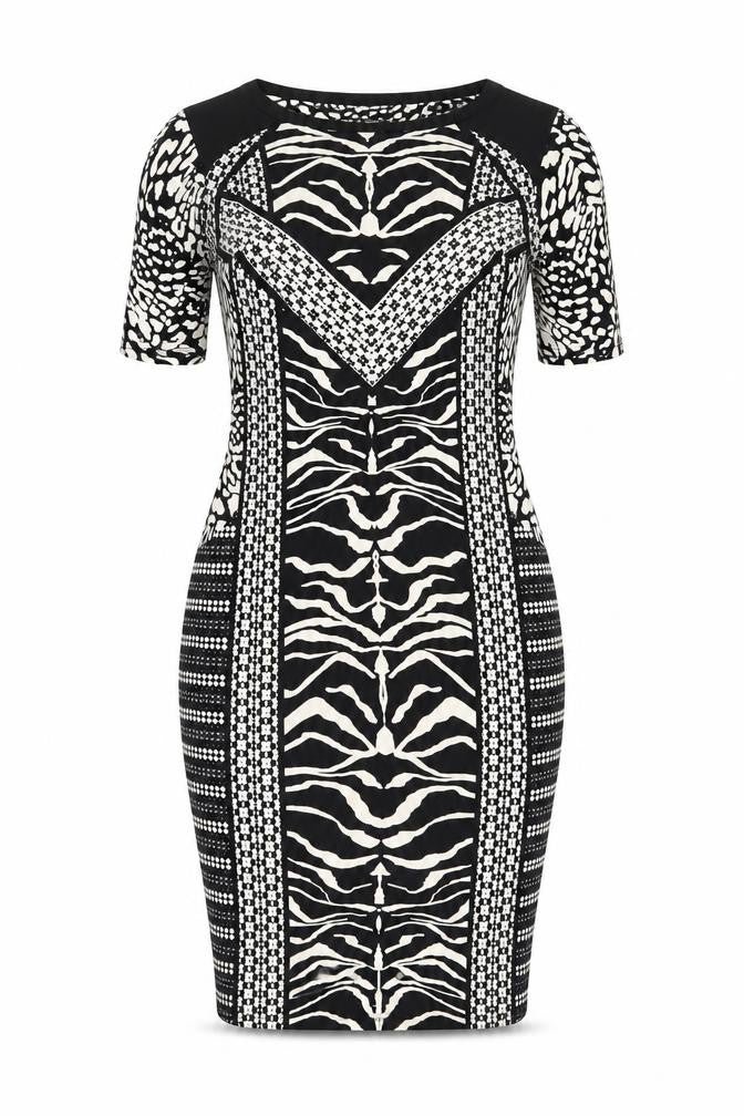 Marks & Spencer Womens Black Geometric Polyester Bodycon Size 12 Boat Neck Pullover