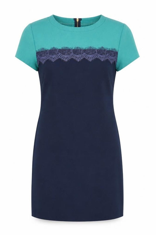 Closet Womens Blue Colourblock Polyester A-Line Size 12 Round Neck Zip - Lace Detail