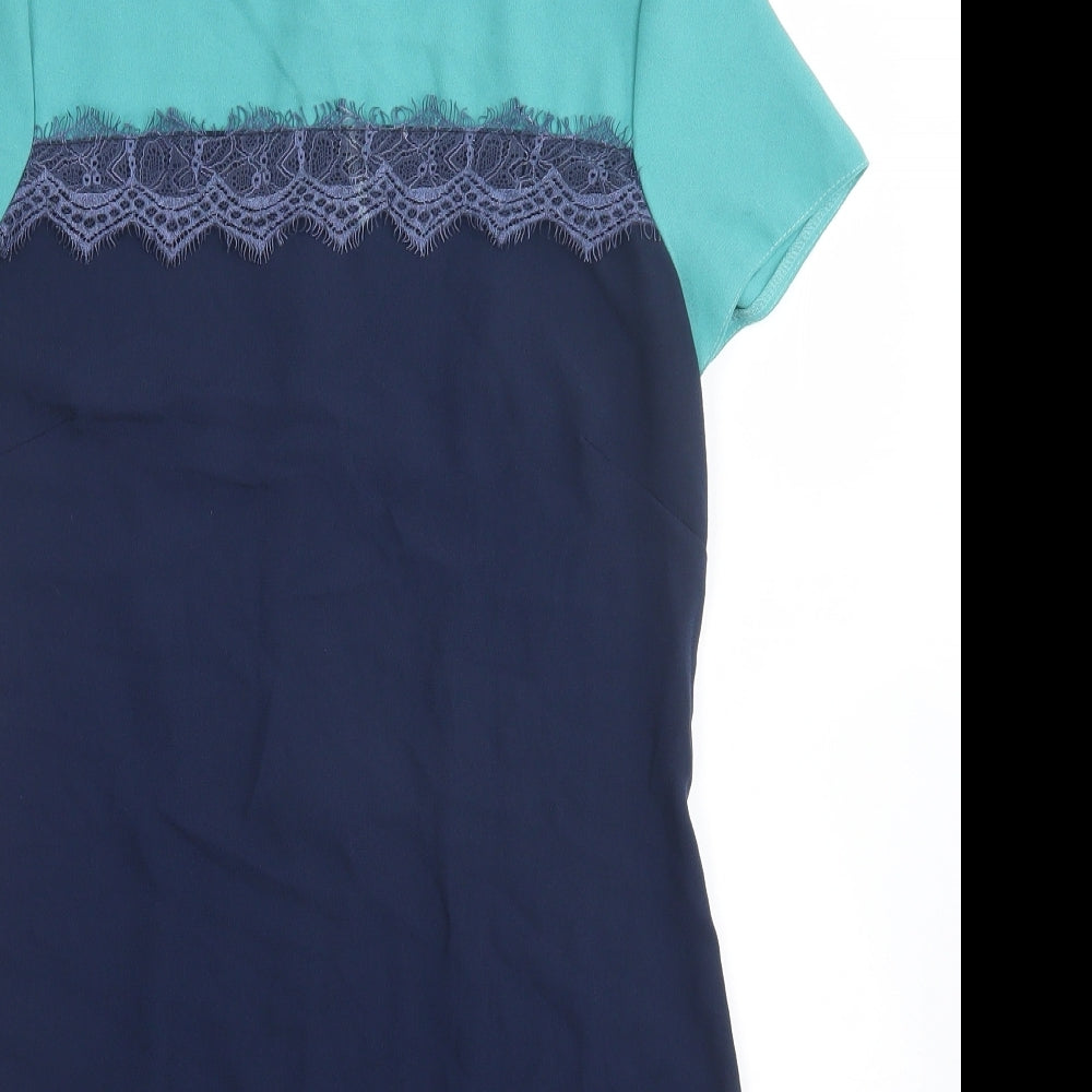 Closet Womens Blue Colourblock Polyester A-Line Size 12 Round Neck Zip - Lace Detail