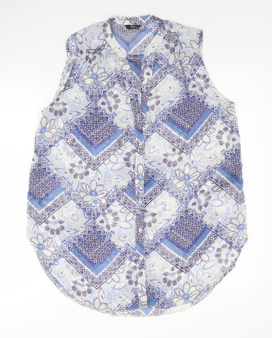 M&Co Womens Blue Geometric Polyester Tunic Button-Up Size 12 V-Neck