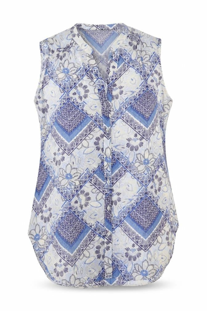 M&Co Womens Blue Geometric Polyester Tunic Button-Up Size 12 V-Neck