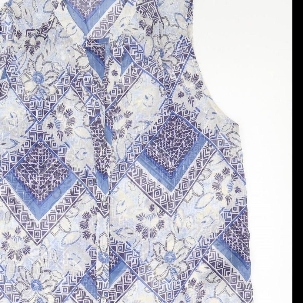 M&Co Womens Blue Geometric Polyester Tunic Button-Up Size 12 V-Neck