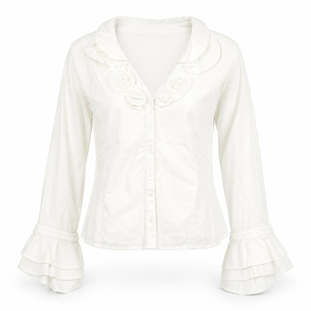DIFFERENCE Womens White Cotton Jersey Blouse Size 4 Collared - Roses
